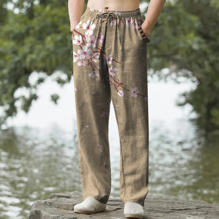 Buddha Stones 綿素材、ピンクの桜柄、メンズテーパードパンツ（ポケット付き） - ダークカーキ - US/UK/AU50、EU60（5XL） - image 4