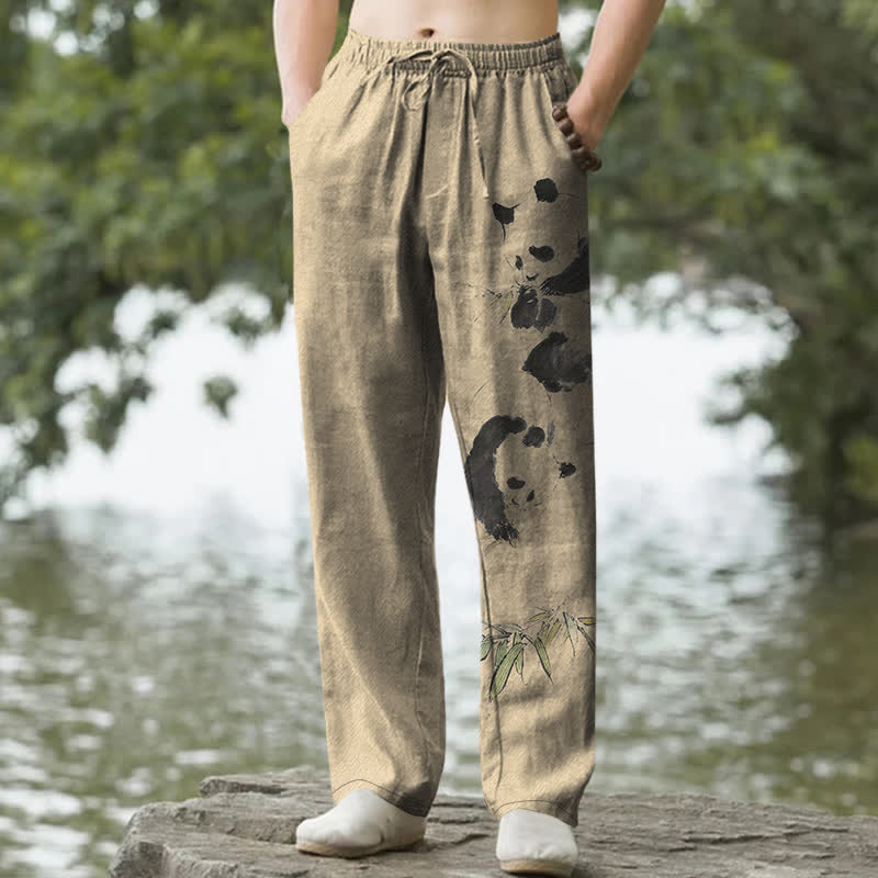 Buddha Stones コットンインク パンダ竹柄 メンズテーパードパンツ（ポケット付き） - タン - US/UK/AU50、EU60（5XL） - image 6