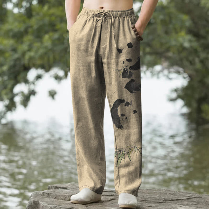 Buddha Stones コットンインク パンダ竹柄 メンズテーパードパンツ（ポケット付き） - タン - US/UK/AU50、EU60（5XL） - image 6