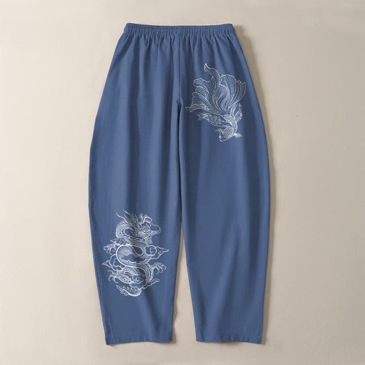 Buddha Stones 純綿鯉龍柄ドローストリング付きメンズテーパードパンツ（ポケット付き） - image 3