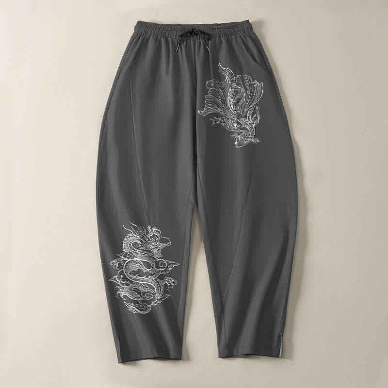 Buddha Stones 純綿鯉龍柄ドローストリング付きメンズテーパードパンツ（ポケット付き） - image 9
