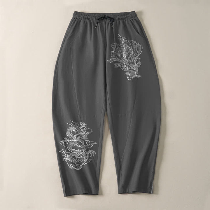 Buddha Stones 純綿鯉龍柄ドローストリング付きメンズテーパードパンツ（ポケット付き） - image 9