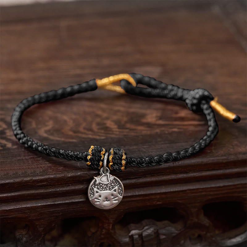Buddha Stones 925スターリングシルバー製、魚を食べる子猫の丸型ペンダント、豊かさ赤と黒の紐で編まれたブレスレット - ブラック（手首周り14～18cm） - image 13