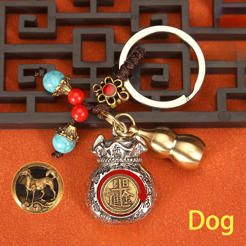 Buddha Stones 幸運繁栄モチーフの回転式おみくじ付き編み込みキーホルダー - 犬 - image 17
