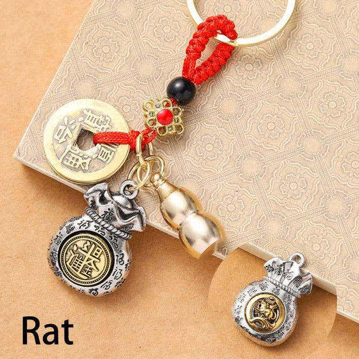 Buddha Stones 赤紐で作られた中国の十二支五皇コインのお守りキーホルダー - ねずみ - image 1