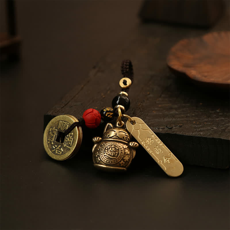 Buddha Stones 真鍮製招き猫中国コイン 富のキーホルダー - image 4