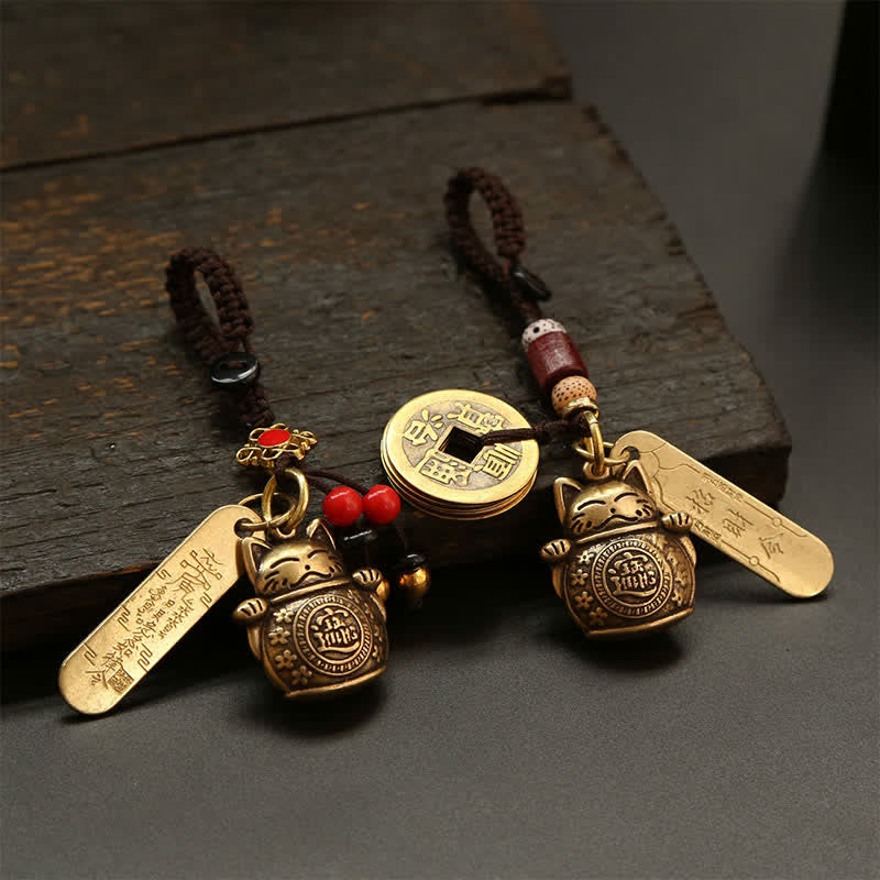 Buddha Stones 真鍮製招き猫中国コイン 富のキーホルダー - image 12