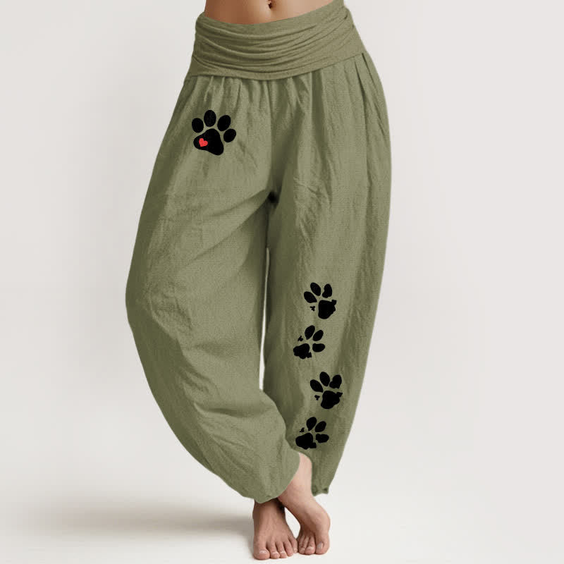 Buddha Stones ピュアコットン製、白い肉球柄のレディース用ゴムウエストハーレムパンツ - オリーブドラブ - US16、 UK/AU20、 EU48 (3XL) - image 8