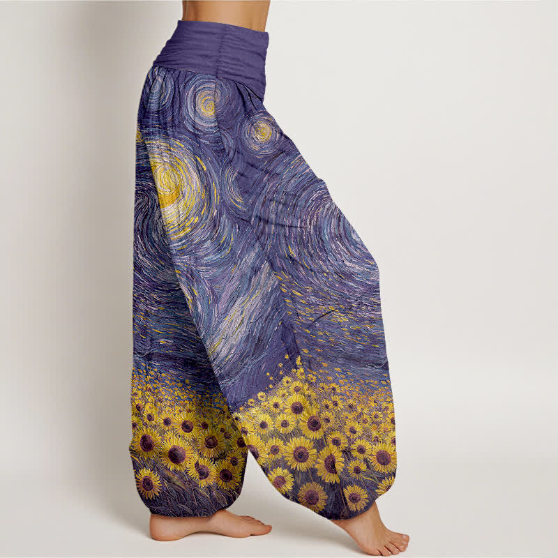 Buddha Stones 綿素材の星空模様ひまわり柄レディースゴムウエストハーレムパンツ - image 9