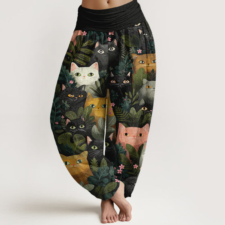 Buddha Stones コットン素材の猫と葉っぱ柄レディースゴムウエストハーレムパンツ - 黒 - US16、 UK/AU20、 EU48 (3XL) - image 0