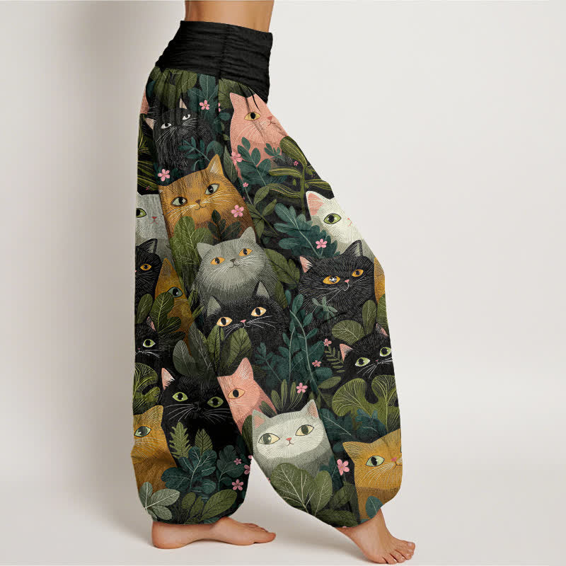 Buddha Stones コットン素材の猫と葉っぱ柄レディースゴムウエストハーレムパンツ - image 1