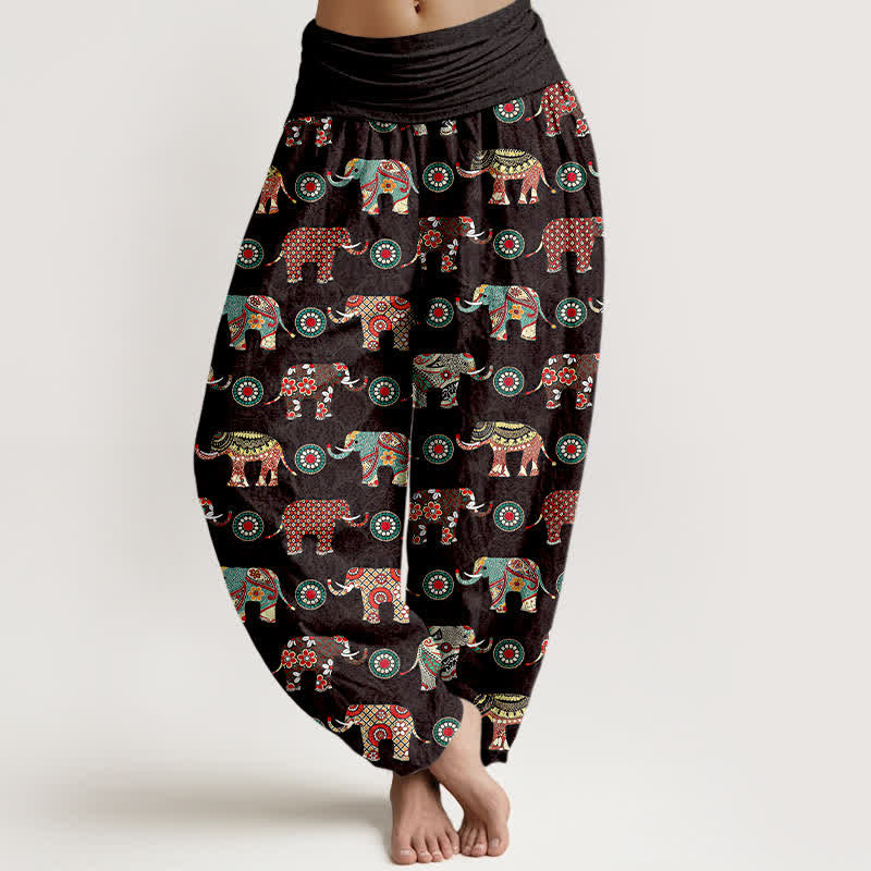 Buddha Stones コットン素材の象のマンダラ柄レディースゴムウエストハーレムパンツ - 黒 - US16、 UK/AU20、 EU48 (3XL) - image 0