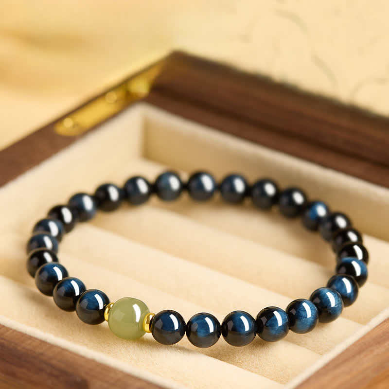 Buddha Stones ブルータイガーアイと和田翡翠の丸玉を使った直感ブレスレット - 8mm - image 0
