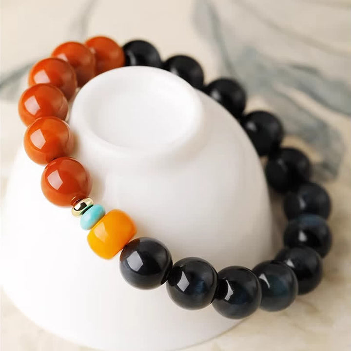 Buddha Stones ブルータイガーアイとサウスレッドアゲートのパワーラウンドビーズブレスレット - image 2