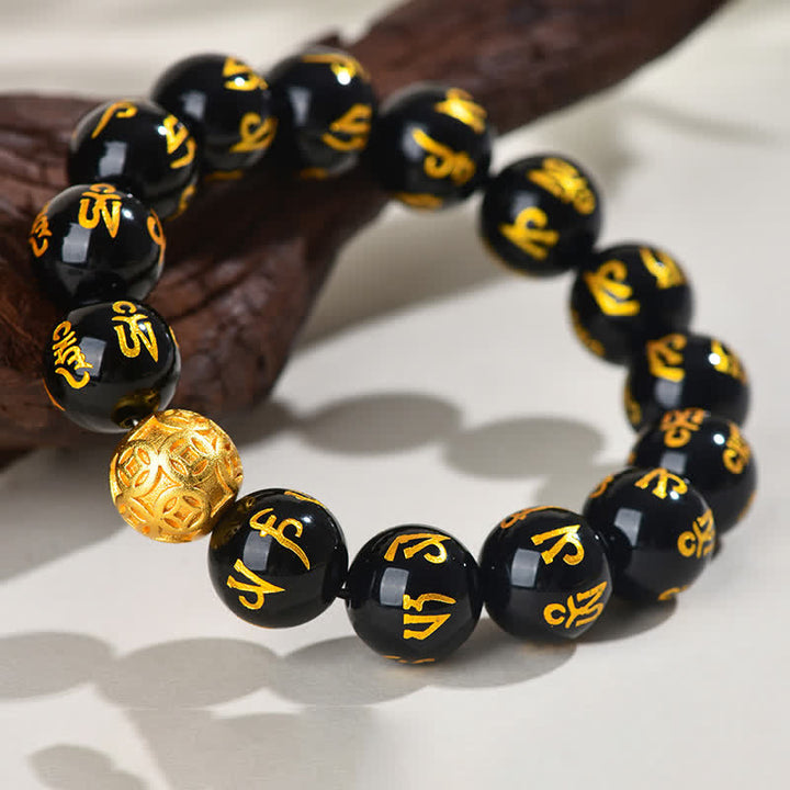 Buddha Stones 黒曜石のオム・オーム・マニ・パドメ・フム強さブレスレット - image 3