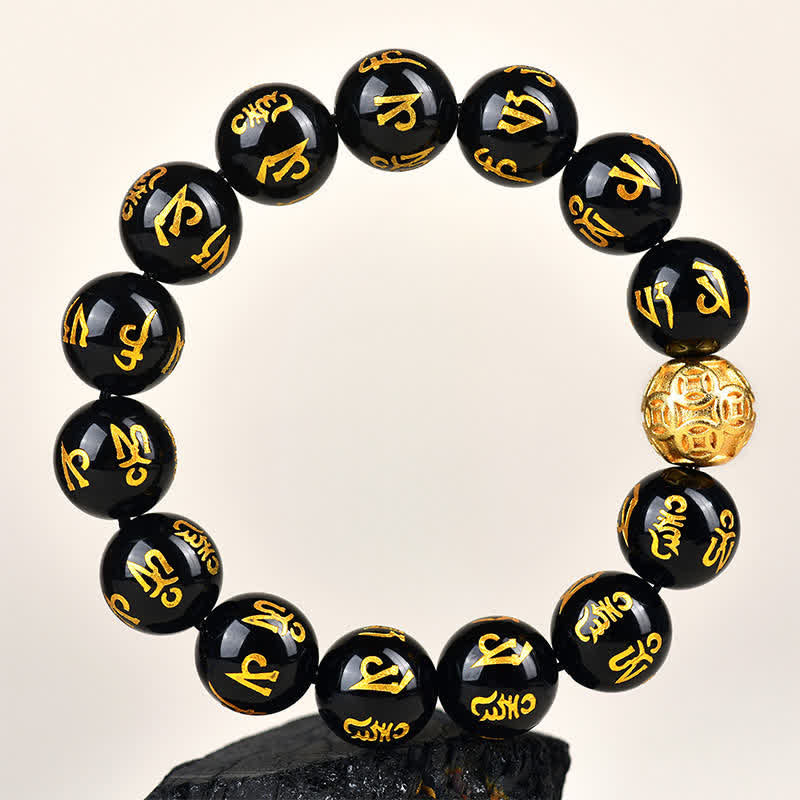 Buddha Stones 黒曜石のオム・オーム・マニ・パドメ・フム強さブレスレット - image 11