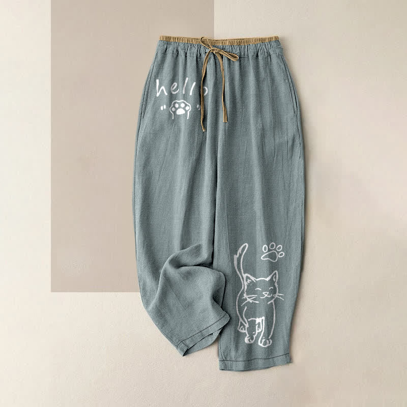 Buddha Stones 純綿素材、ハローキャットパウ柄、ウエストゴム入り、ポケット付きレディースパンツ - カデットブルー - US16、 UK/AU20、 EU48 (3XL) - image 4