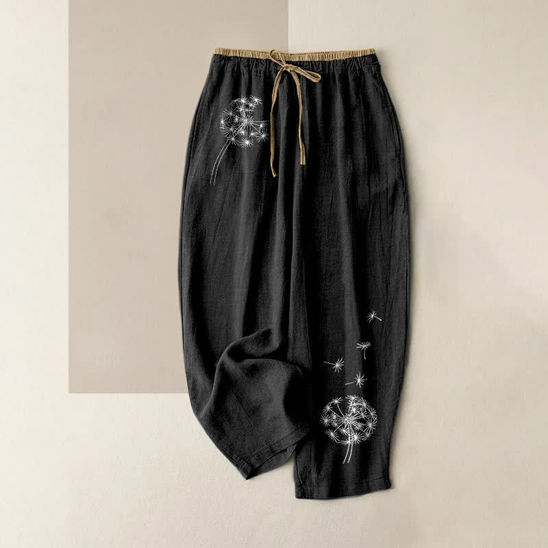 Buddha Stones 純綿素材、白のタンポポ柄、ウエストゴム入り、ポケット付きレディースパンツ - 黒 - US16、 UK/AU20、 EU48 (3XL) - image 0