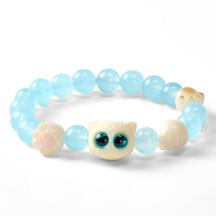 Buddha Stones ブルーカルセドニーの手彫り猫の純潔ビーズブレスレット - image 4