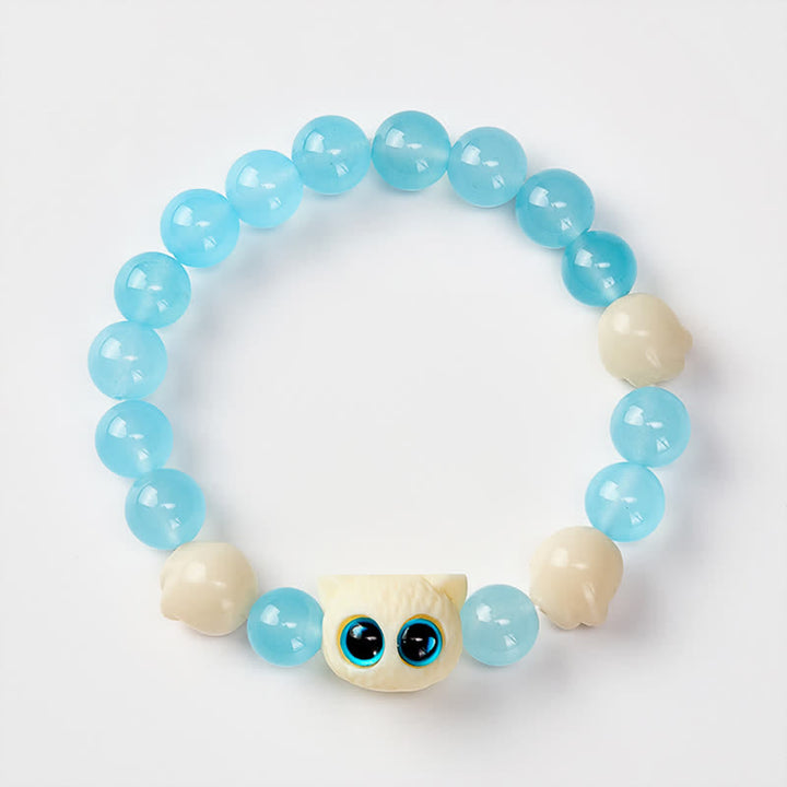 Buddha Stones ブルーカルセドニーの手彫り猫の純潔ビーズブレスレット - image 3