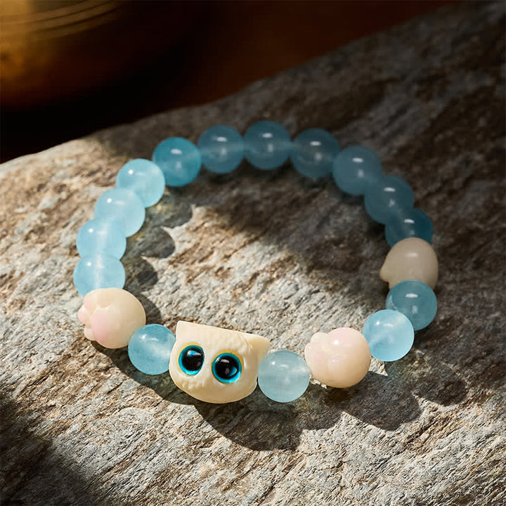 Buddha Stones ブルーカルセドニーの手彫り猫の純潔ビーズブレスレット - image 2