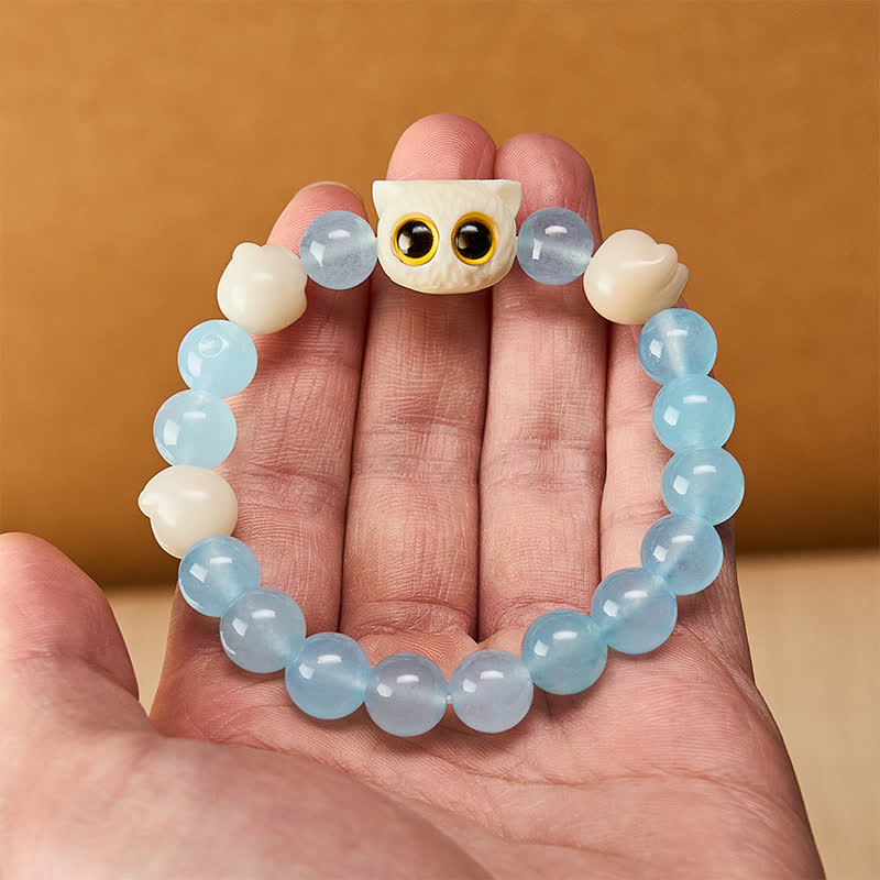 Buddha Stones ブルーカルセドニーの手彫り猫の純潔ビーズブレスレット - image 16