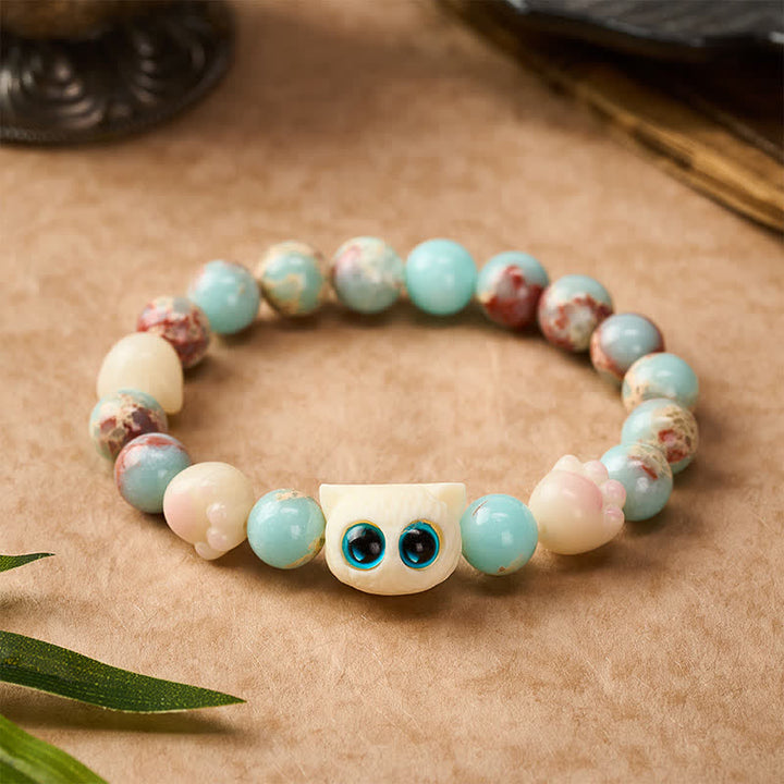 Buddha Stones 寿山石手彫り猫清浄レリーフビーズブレスレット - 青い目の猫（手首周り：16～17cm） - 寿山石（ポジティブ♥調和） - image 0