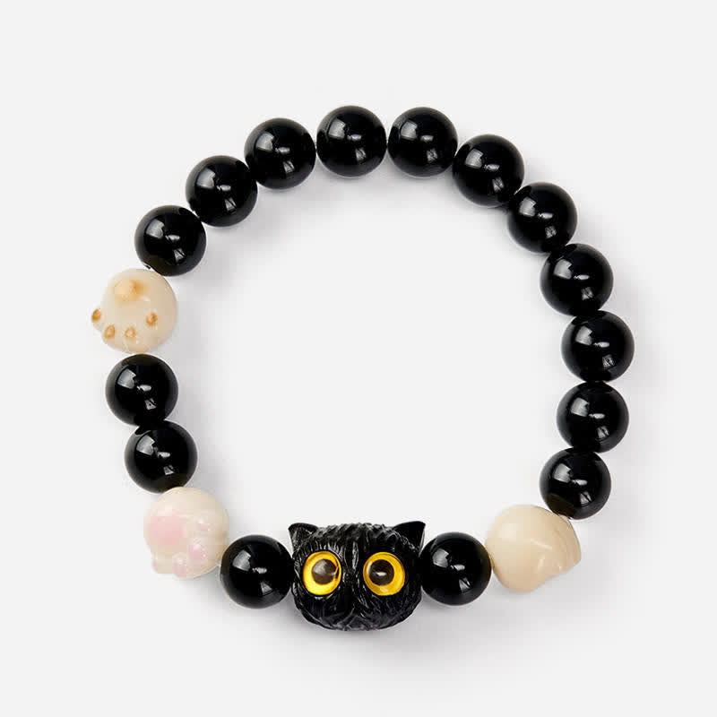 Buddha Stones 手彫りの黒曜石製、黄色い目の猫の頭をモチーフにしたグラウンディングビーズブレスレット - image 4