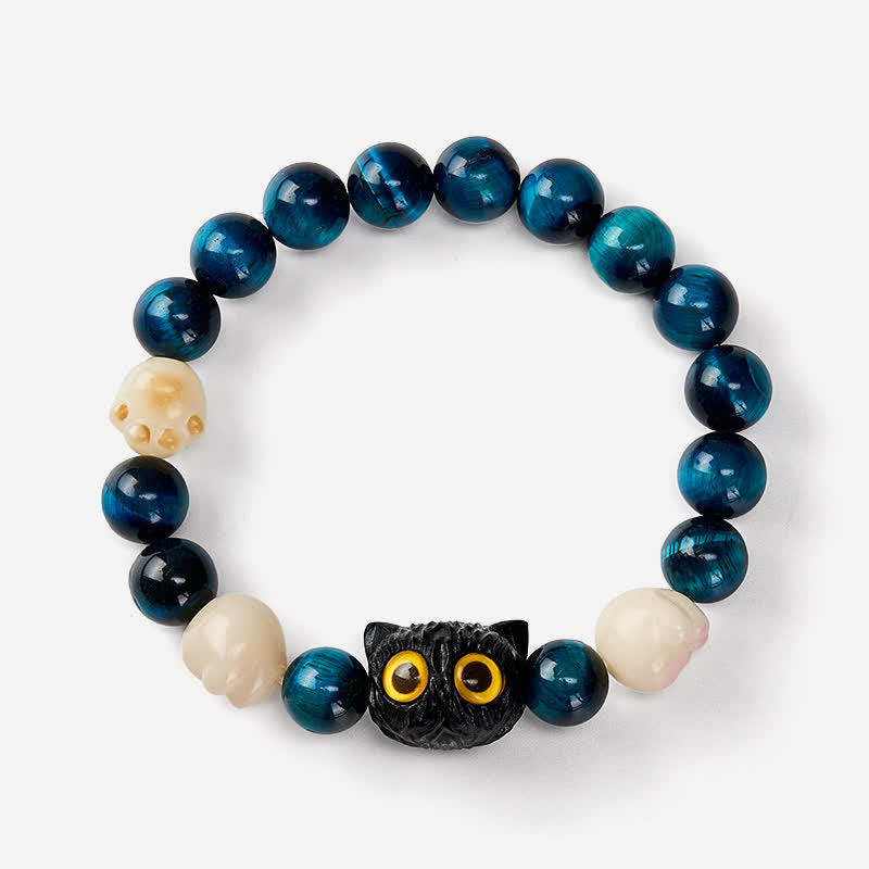 Buddha Stones ブルータイガーアイのかわいい手彫り猫モチーフのグラウンディングビーズブレスレット - image 4