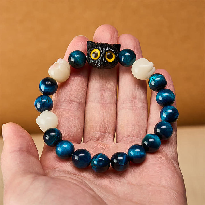 Buddha Stones ブルータイガーアイのかわいい手彫り猫モチーフのグラウンディングビーズブレスレット - image 5