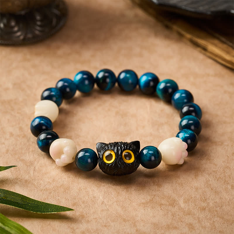 Buddha Stones ブルータイガーアイのかわいい手彫り猫モチーフのグラウンディングビーズブレスレット - image 1