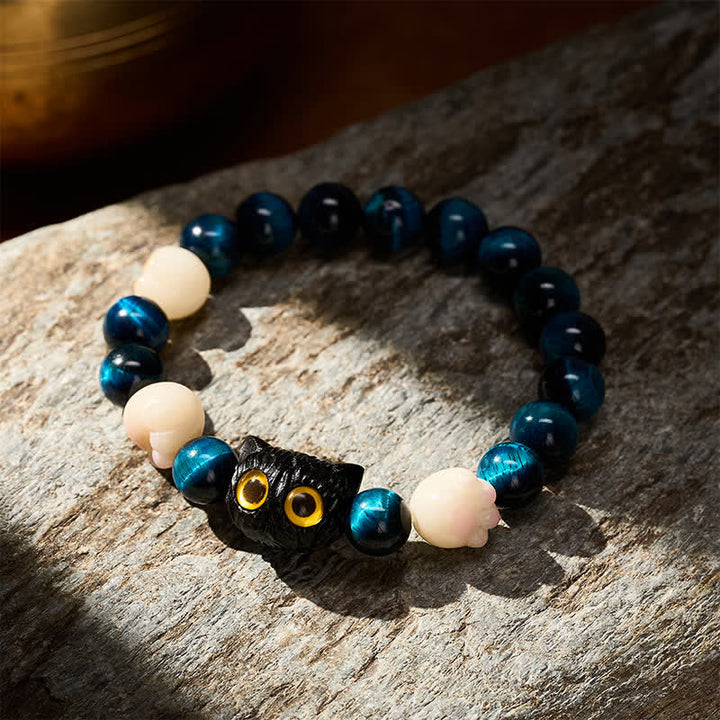 Buddha Stones ブルータイガーアイのかわいい手彫り猫モチーフのグラウンディングビーズブレスレット - image 2