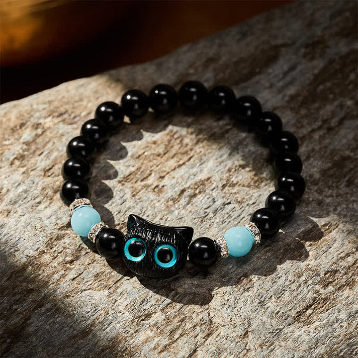 Buddha Stones 黒曜石のかわいい大きな目の猫の魔除けビーズブレスレット - image 15