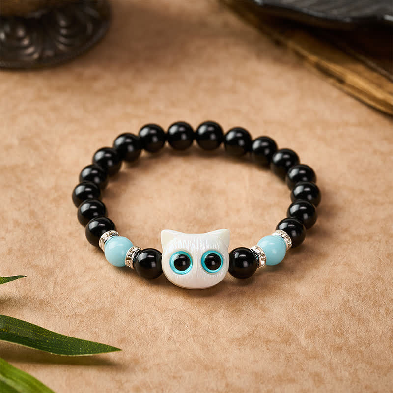 Buddha Stones 黒曜石のかわいい大きな目の猫の魔除けビーズブレスレット - image 2