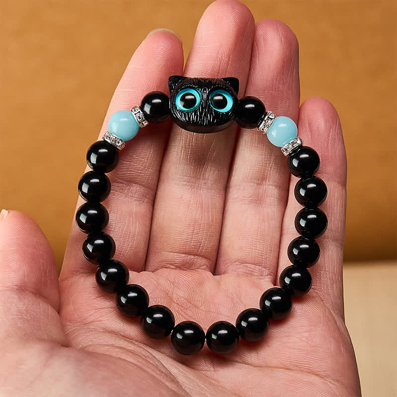 Buddha Stones 黒曜石のかわいい大きな目の猫の魔除けビーズブレスレット - image 20