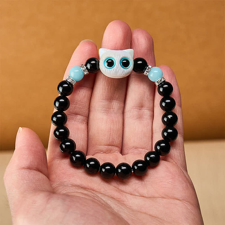 Buddha Stones 黒曜石のかわいい大きな目の猫の魔除けビーズブレスレット - image 10