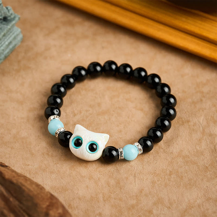 Buddha Stones 黒曜石のかわいい大きな目の猫の魔除けビーズブレスレット - image 8