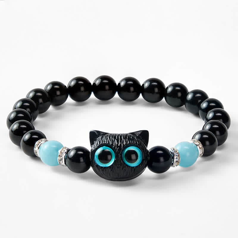 Buddha Stones 黒曜石のかわいい大きな目の猫の魔除けビーズブレスレット - image 22