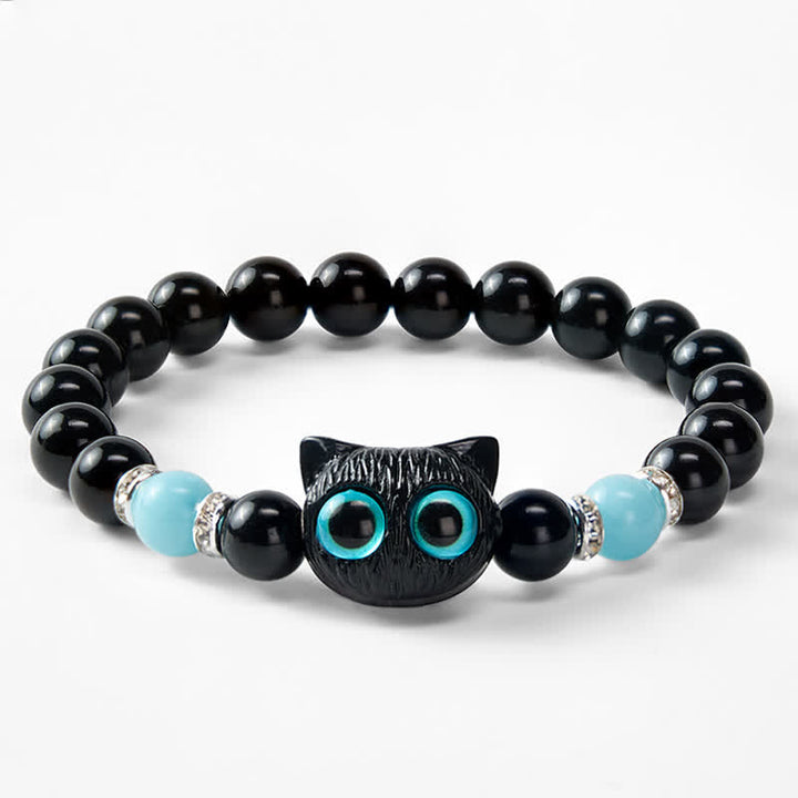 Buddha Stones 黒曜石のかわいい大きな目の猫の魔除けビーズブレスレット - image 22