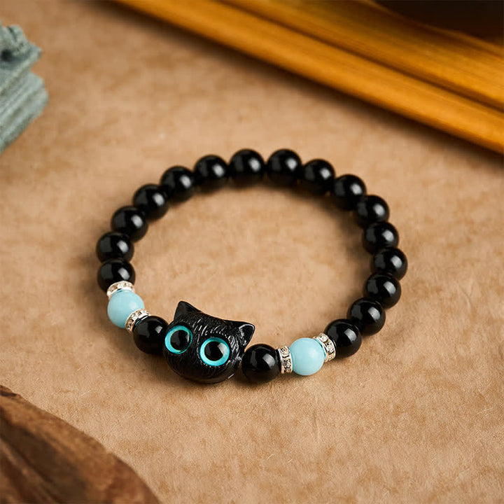 Buddha Stones 黒曜石のかわいい大きな目の猫の魔除けビーズブレスレット - image 18