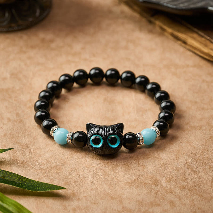 Buddha Stones 黒曜石のかわいい大きな目の猫の魔除けビーズブレスレット - image 14