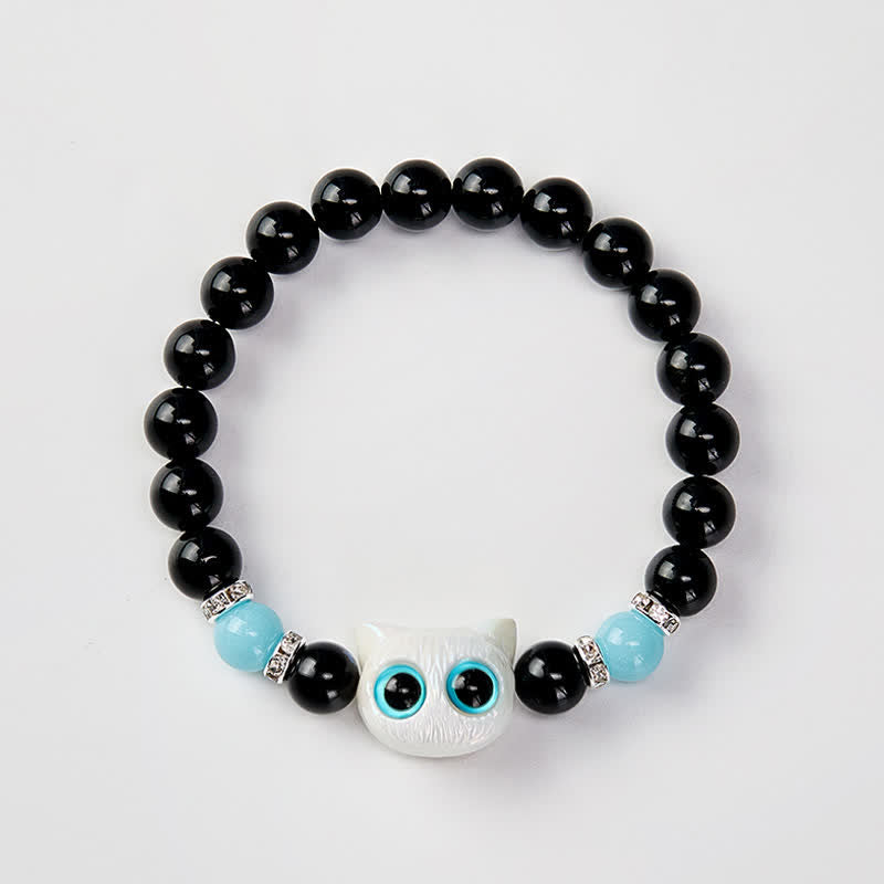 Buddha Stones 黒曜石のかわいい大きな目の猫の魔除けビーズブレスレット - image 11