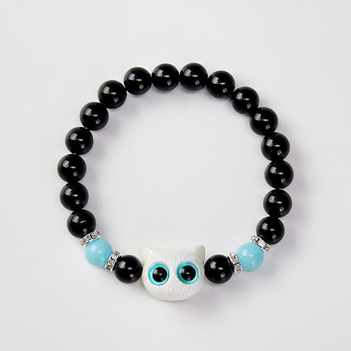 Buddha Stones 黒曜石のかわいい大きな目の猫の魔除けビーズブレスレット - image 11