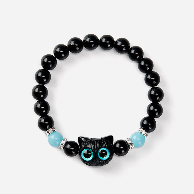 Buddha Stones 黒曜石のかわいい大きな目の猫の魔除けビーズブレスレット - image 21