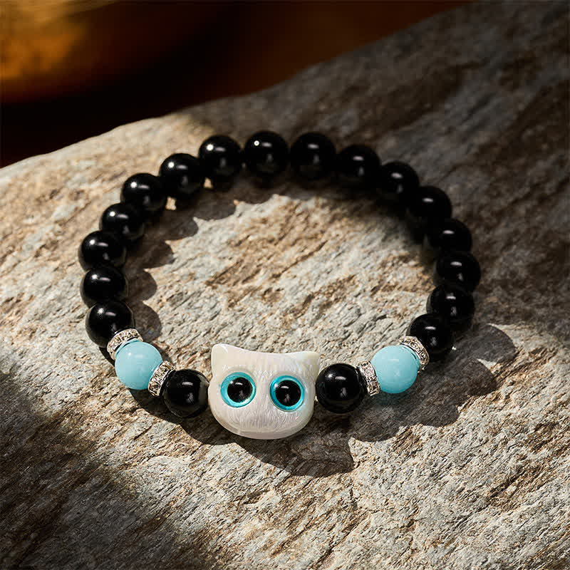 Buddha Stones 黒曜石のかわいい大きな目の猫の魔除けビーズブレスレット - image 3