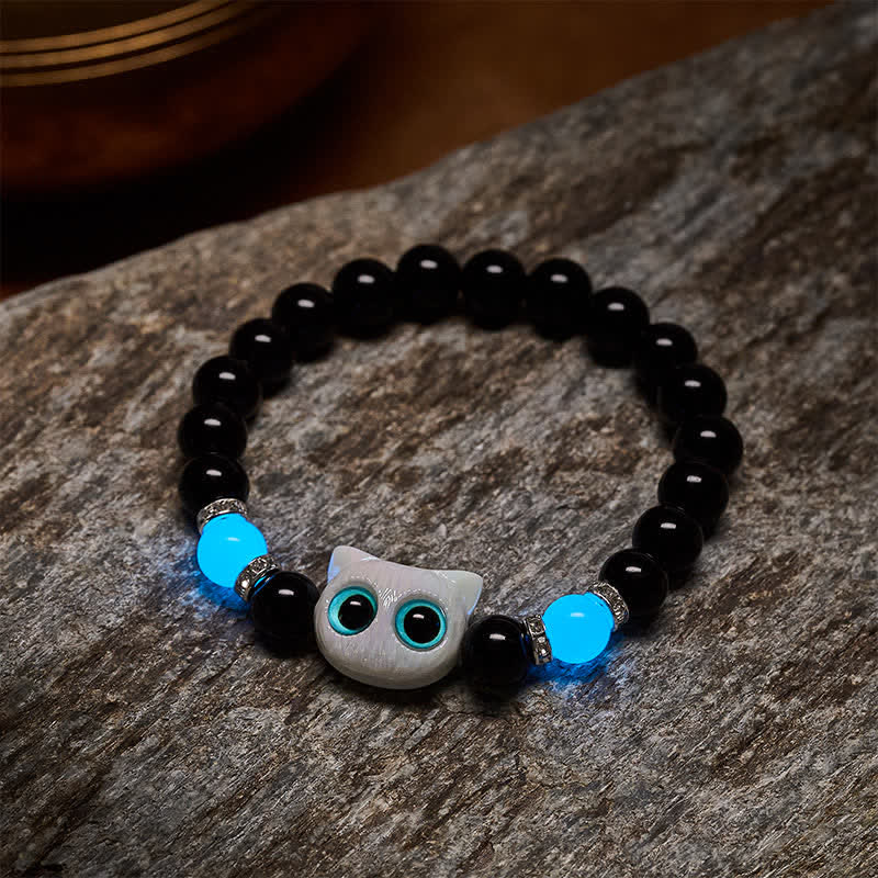Buddha Stones 黒曜石のかわいい大きな目の猫の魔除けビーズブレスレット - image 9