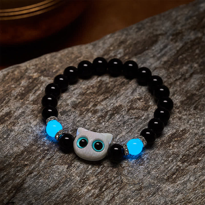 Buddha Stones 黒曜石のかわいい大きな目の猫の魔除けビーズブレスレット - image 9
