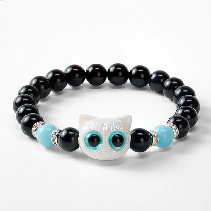 Buddha Stones 黒曜石のかわいい大きな目の猫の魔除けビーズブレスレット - image 12