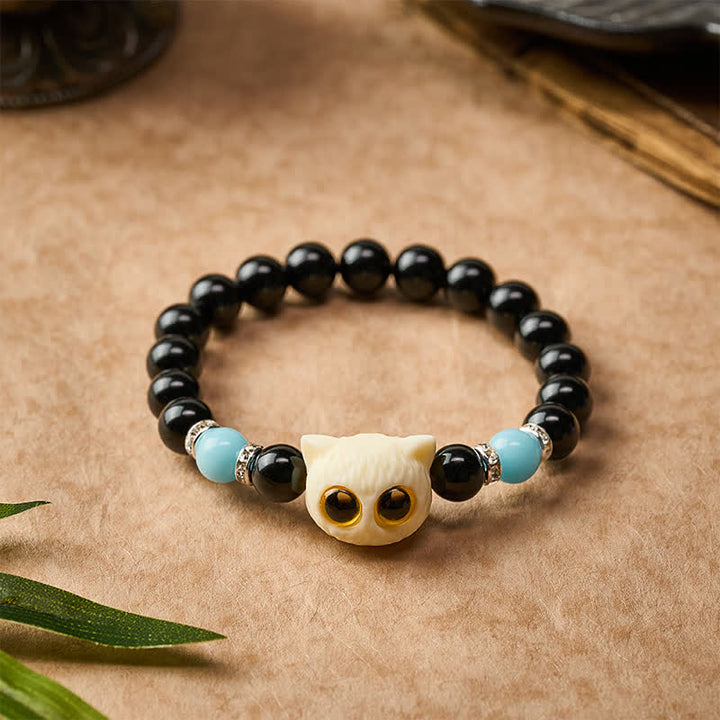 Buddha Stones 黒曜石の手彫りビッグアイキャットレリーフビーズブレスレット - image 16