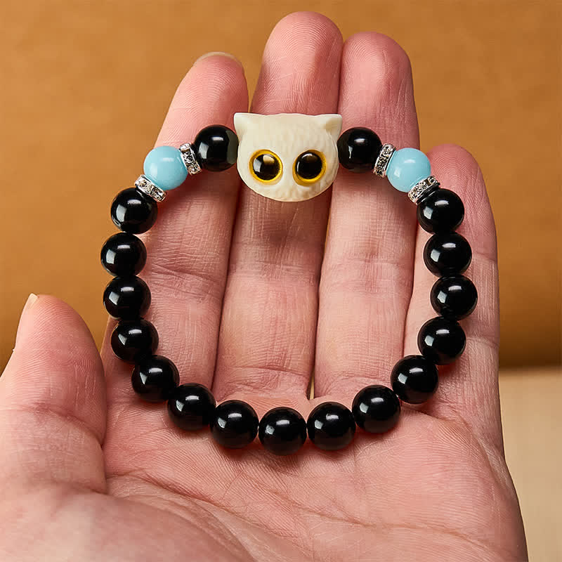 Buddha Stones 黒曜石の手彫りビッグアイキャットレリーフビーズブレスレット - image 22